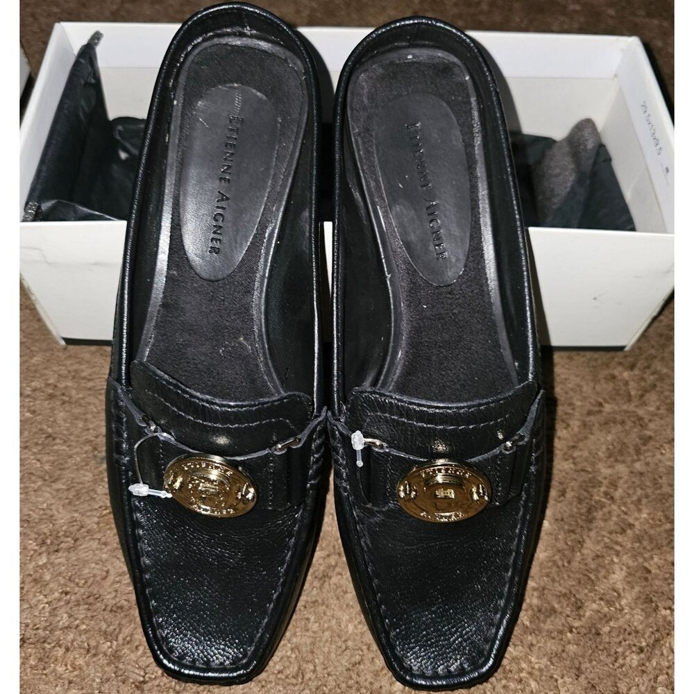 Etienne Aigner Womens Black Leather Loafers Size 7.5M With Gold Buckle Detail